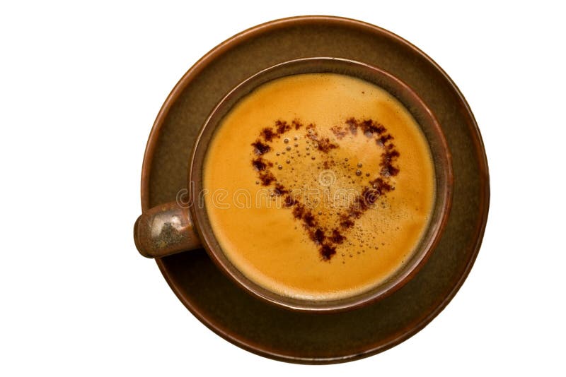 Cup of coffee espresso with chocolate heart isolated on white background. Cup of coffee espresso with chocolate heart isolated on white background