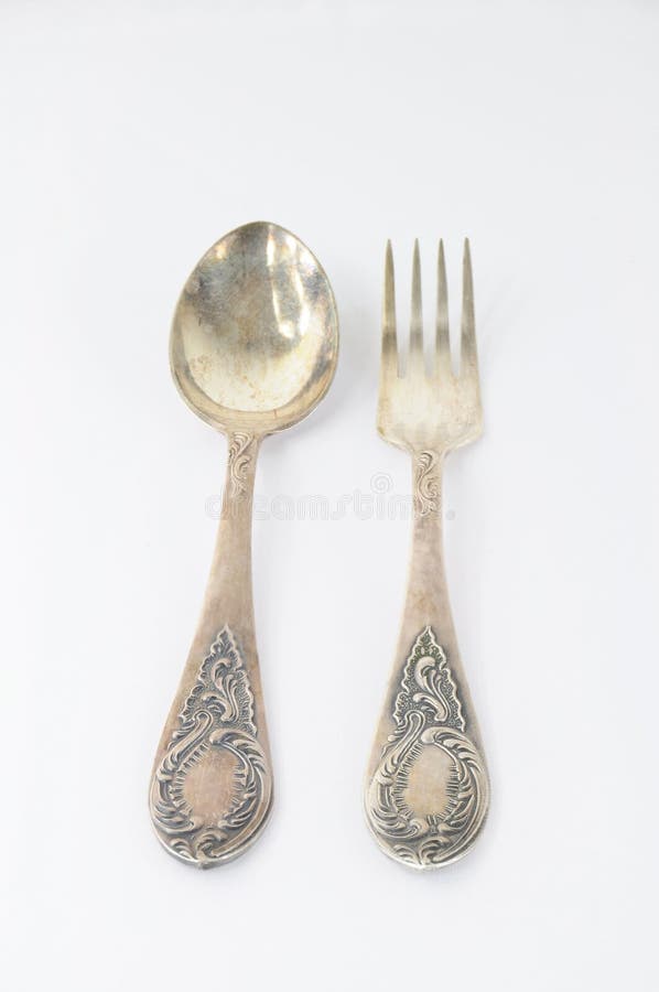 White för tappning för sked för bakgrundsgaffelsilver fotografering för bildbyråer