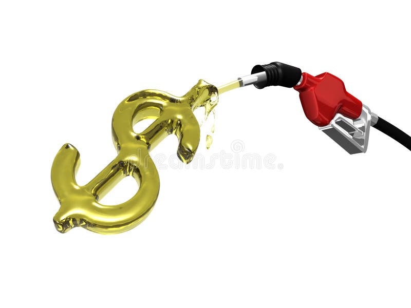 Gas nozzle filling a dollar sign on white background 3D. Gas nozzle filling a dollar sign on white background 3D