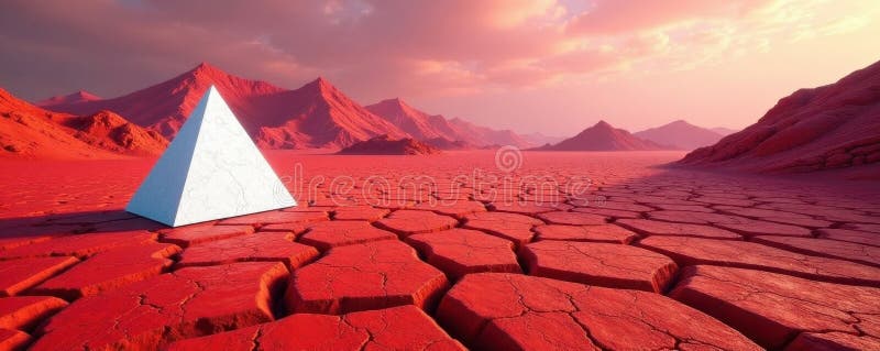 White geometric triangle dominates a crimson, cracked earth landscape, crimson, image, vast stock illustration