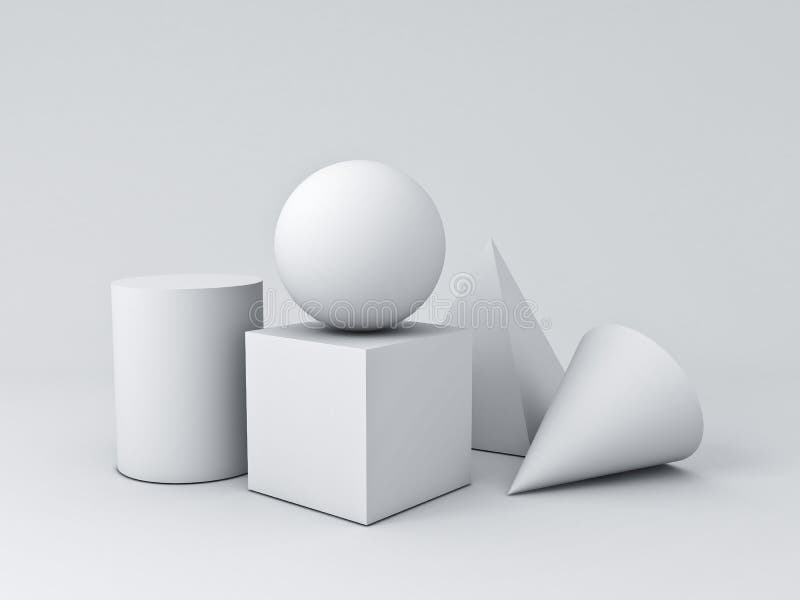 White Geometry 3D Graphic Shapes Cube Pyramid Cone Cylinder Sphere isolated on white background