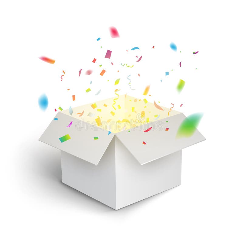 White gift box confetti explosion. Magic open surprise gift box package decoration
