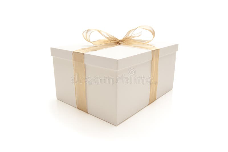 White Gift Box with Gold Ribbon Isolated