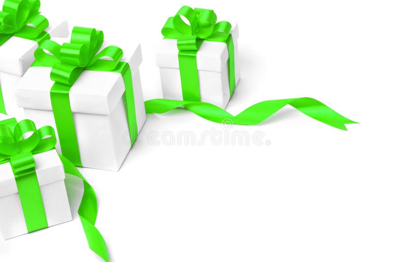 White gift box with green ribbon bow