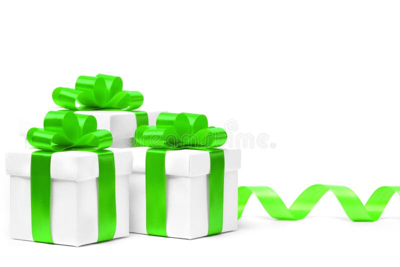 White gift box with green ribbon bow