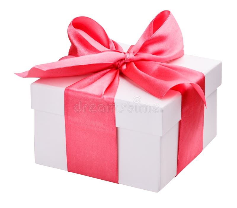 White Gift Box with Pink Ribbon and Bow Clipping Path Stock Image