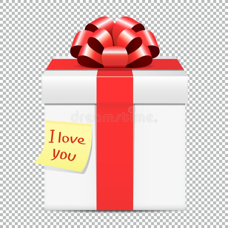 White gift box with red bow and yellow paper note isolated on transparent background vector illustration White gift box with red bow and yellow paper note isolated on transparent background vector illustration