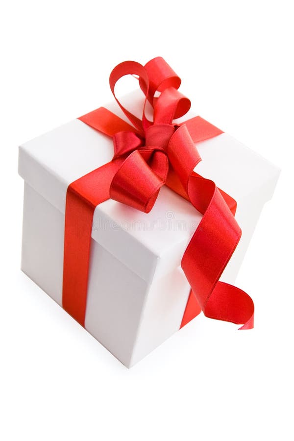 White Gift Box with Red Satin Ribbon Bow stock photo
