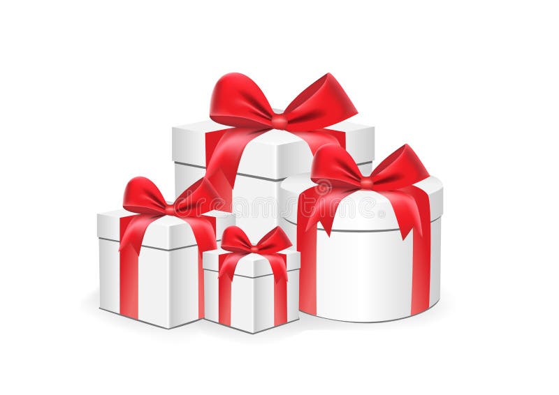 White Gift Boxes Different Shapes with Red Ribbons Isolated on White