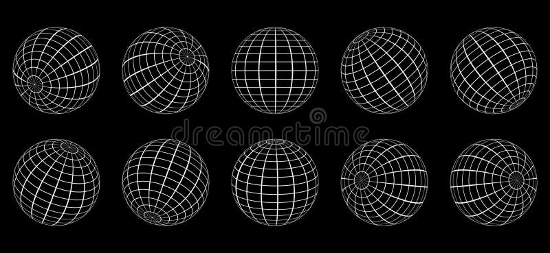 White Globe Grid Sphere Set on Black Background. 3D Wire Global Earth Latitude, Longitude. Wired Line 3D Planet Globe