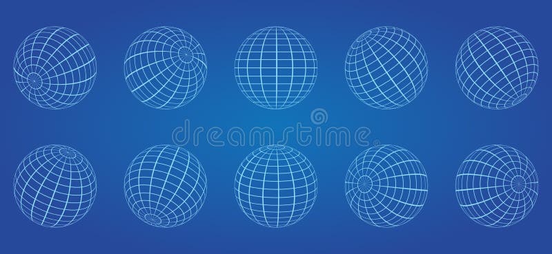 White Globe Grid Sphere Set on Blue Background. 3D Wire Global Earth Latitude, Longitude. Wired Line 3D Planet Globe