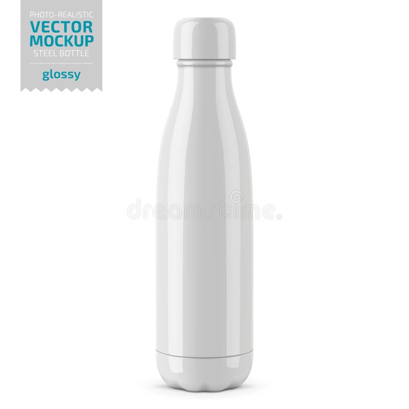 White glossy steel water bottle vector mockup.