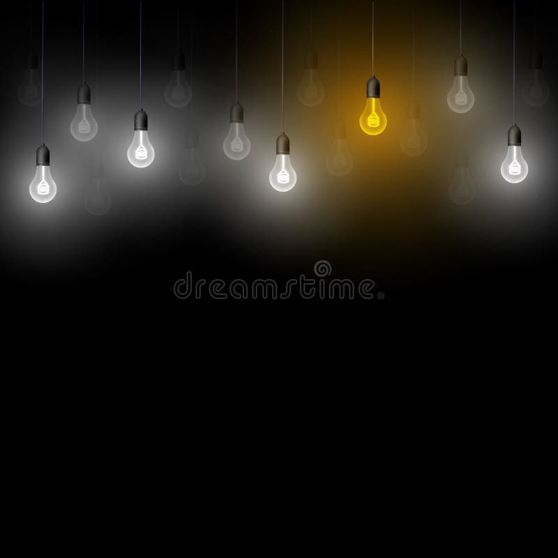 White Glowing Light Bulbs and One Yellow on the Black Background Stock