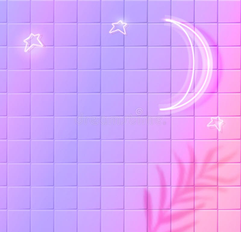 White glowing moon and stars, neon effect on purple ceramic tiles wall. Trendy background with tropic leaves shadow