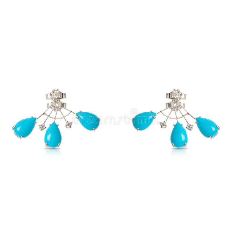 White gold fan stud earrings with diamonds and turquoise