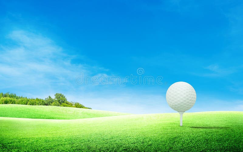 White golf ball on tee and green grass meadow field with blue sky and trees.