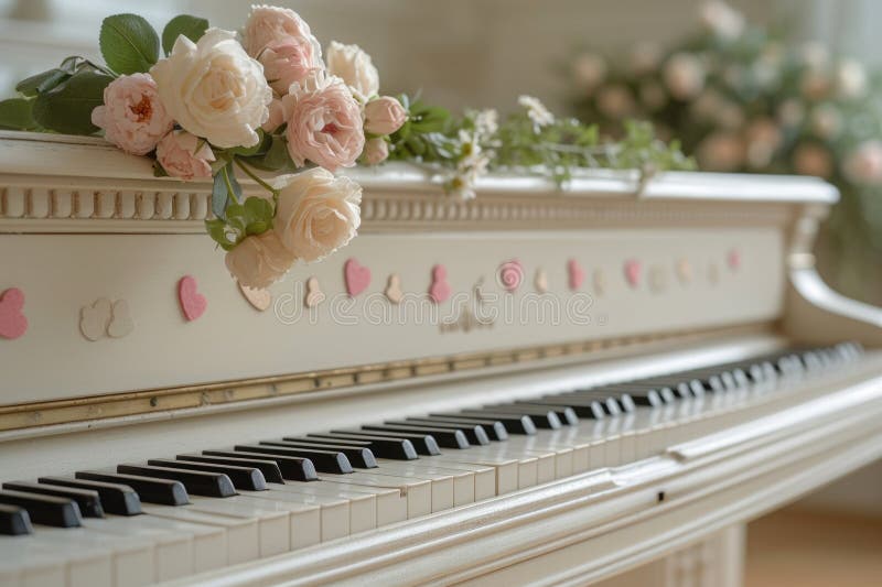 White Grand Piano Keys with Cream Roses Stock Photo - Image of