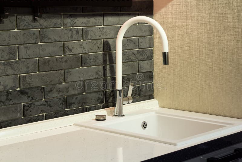 White Granite Sink with Mixer Tap in the Kitchen Stock Image Image of