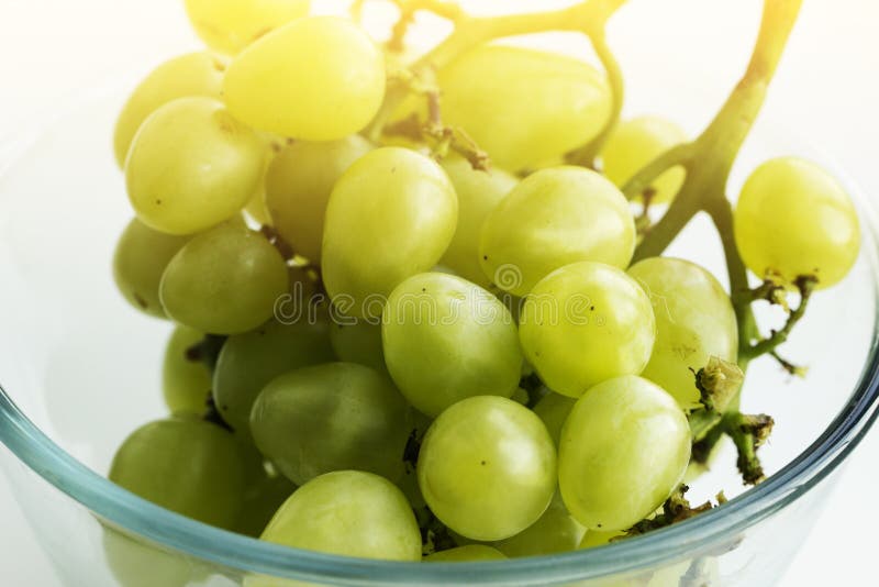 White Grape in a Glass Bowl. Bunch of Grapes in a Glass Bowl Stock