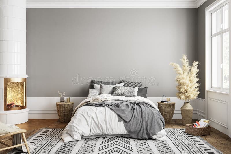 White gray bedroom interior with fireplace carpet, dry plants and decor.