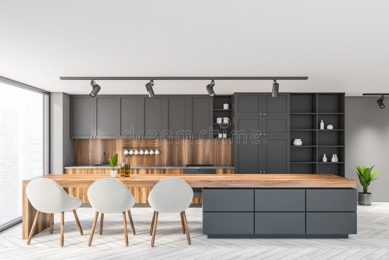 White and Gray Kitchen Interior with Table Stock Illustration