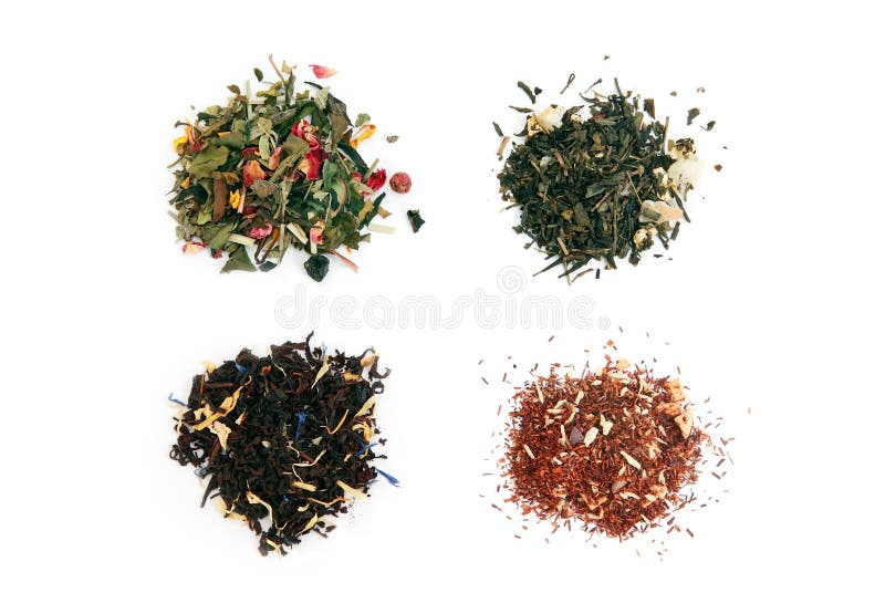 White, green, black and rooibos tea with dry fruits and flowers over white