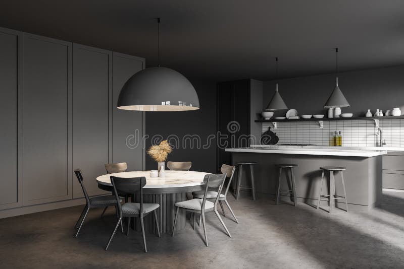 White and Grey Kitchen with Table Stock Illustration Illustration of
