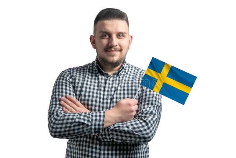 White Guy Holding a Flag of Sweden Smiling Confident with Crossed Arms ...