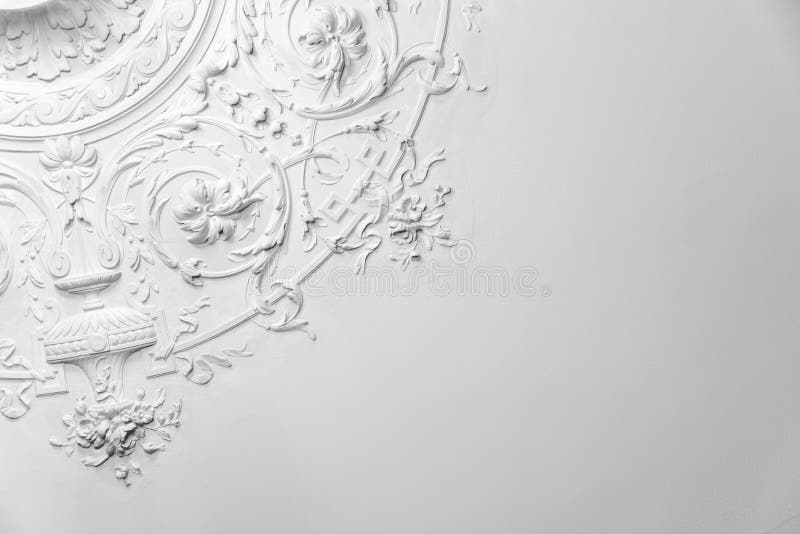 White Gypsum Basrelief Ceiling Design Elements in Rococo Style Stock