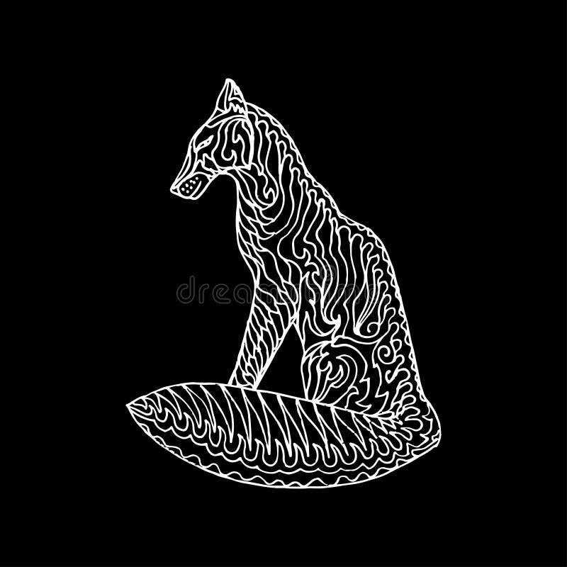 White hand drawn fox decorative contour image on black background. Wild forest animal vector illustration.