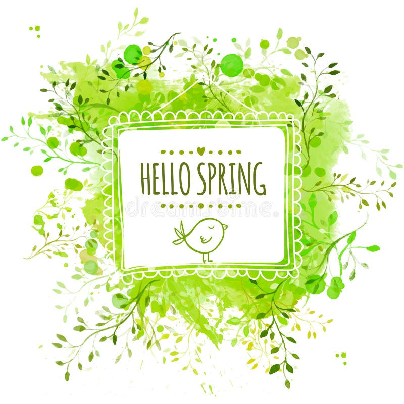 White hand drawn square frame with doodle bird and text hello spring. Green watercolor splash background with leaves. Artistic