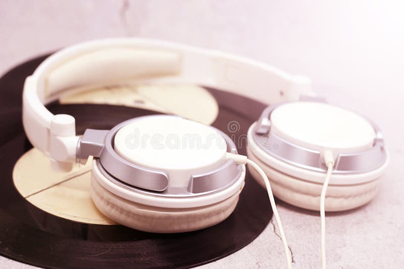 White Headphones and Vinyl Records, Music Stock Photo Image of