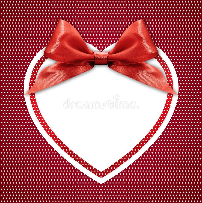 White Heart Border Frame with Red Ribbon Bow on Red Stock Illustration