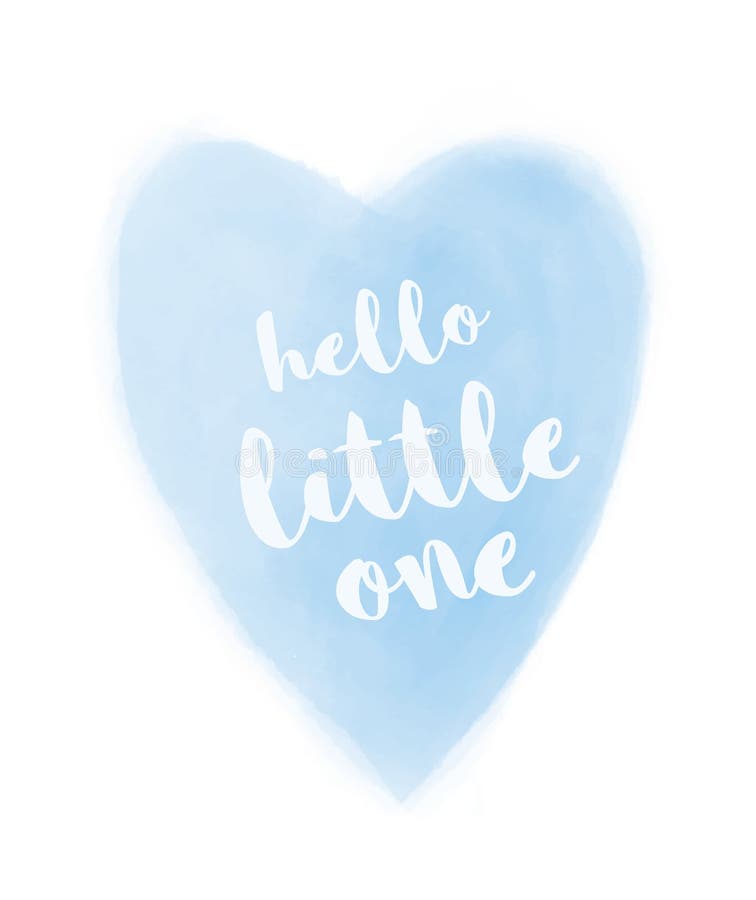 White Hello Little One and Pastel Blue Heart Isolated on a White Background.