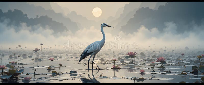 White Heron i Misty Lotus Pond vid Sunrise : En tillfällig digital målning stock illustrationer