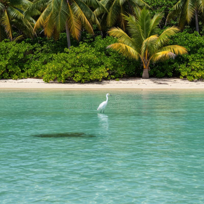White Heron Wading in Tropical Turcos Water vektor illustrationer