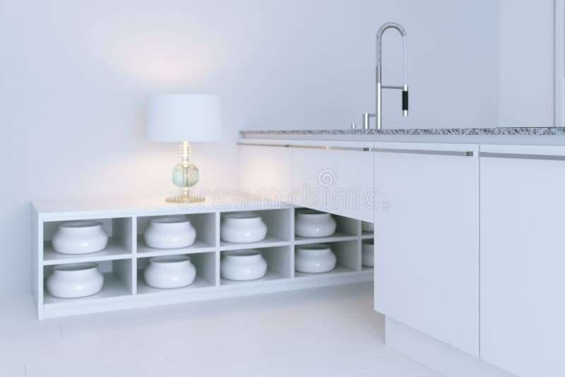 White hi-tech kitchen interior design. Close-up 3d render