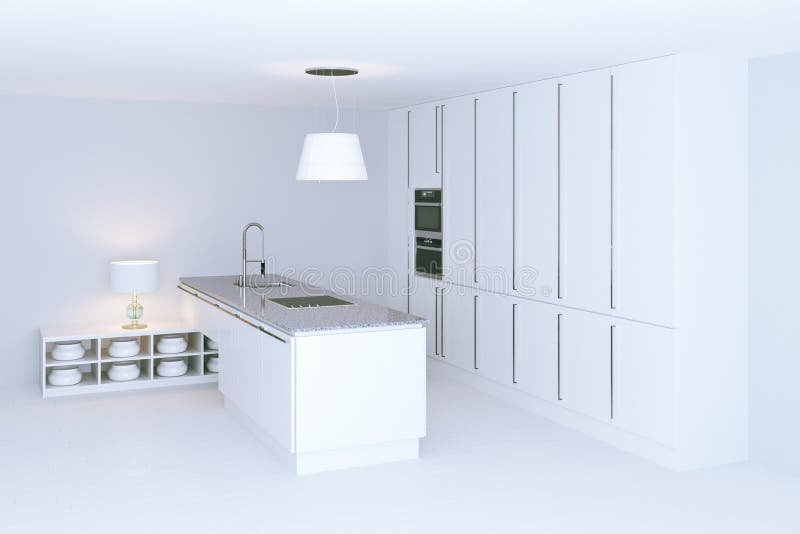 White hi-tech kitchen interior design. Perspective view. 3d rend