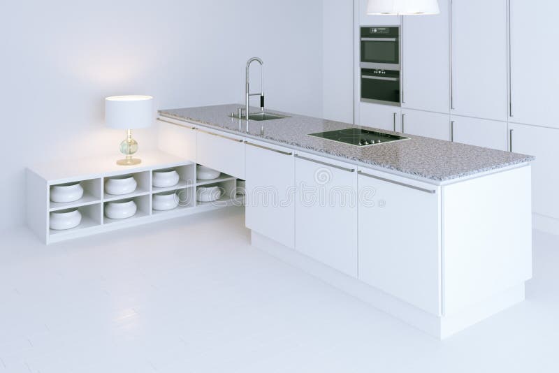 White hi-tech kitchen interior design. Perspective view 3d rende