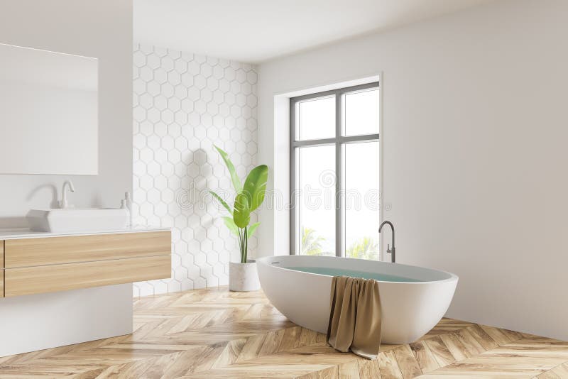 White Honeycomb Tile Bathroom, Tub and Sink Stock Illustration ...