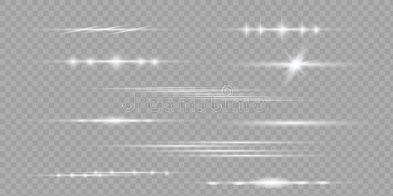 White horizontal lens flares pack. Laser beams  horizontal light rays. Beautiful light flares