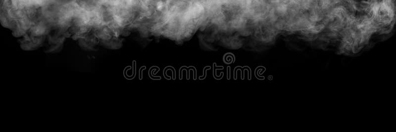 White horizontal steam, smoke isolated on black background. a