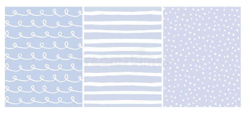 Set of 3 Hand Drawn Irregular Geometric Patterns. White Horizontal Stripes, Dots and Waves.