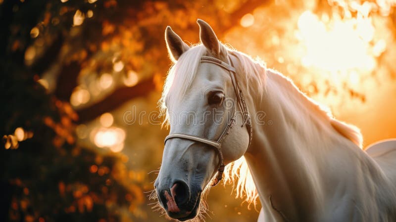 White horse with a bridle on its head is standing in front of a tree royalty free stock photo