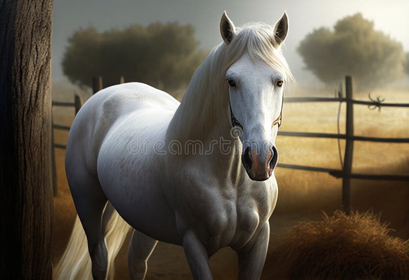 White Horse Stands in a Paddock at Sunset. AI Generated Stock Image Image of graceful