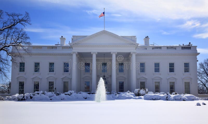 White House Fountain Flag After Snow Pennsylvania Ave Washington DC. White House Fountain Flag After Snow Pennsylvania Ave Washington DC