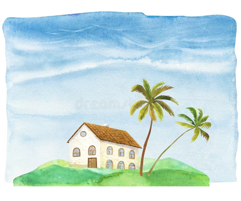 Premium Vector | Bungalow beach house with a palm tree vector landscape  sketch for icons logo