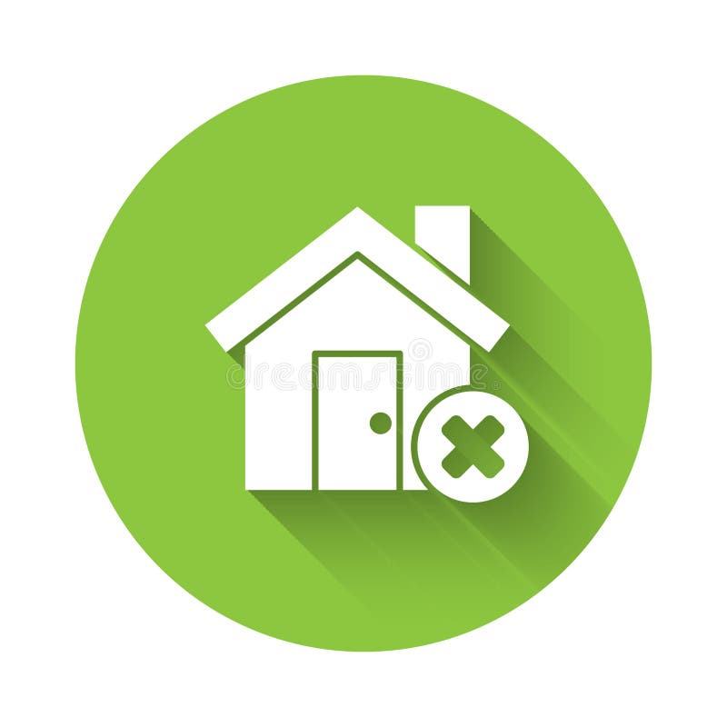 White House with wrong mark icon isolated with long shadow. Home and close, delete, remove symbol. Green circle button stock illustration