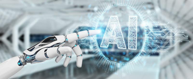 White humanoid hand using digital artificial intelligence icon h royalty free illustration