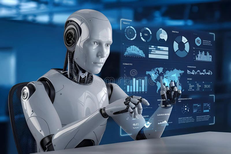 A white humanoid robot with a blue background is shown interacting with a large screen displaying various charts and graphs. The royalty free illustration